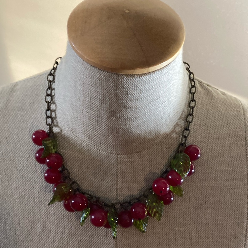 Retro Look Red Glass Cherries Necklace